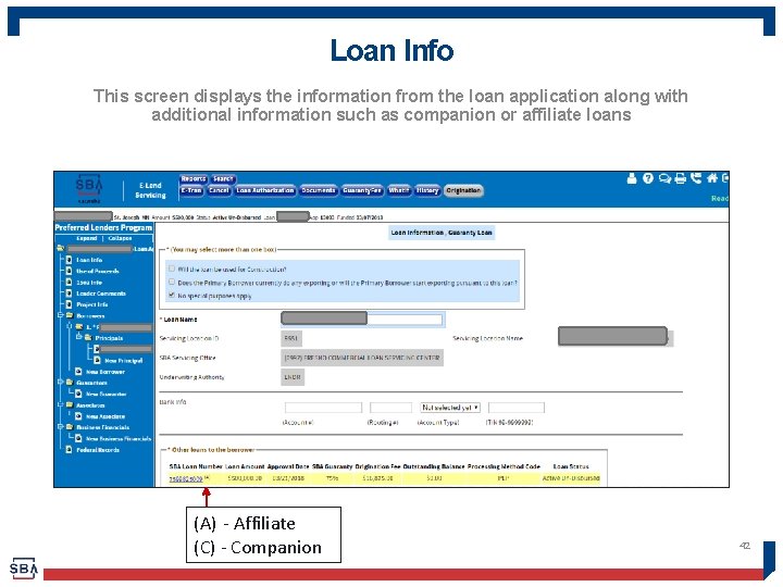 Loan Info This screen displays the information from the loan application along with additional