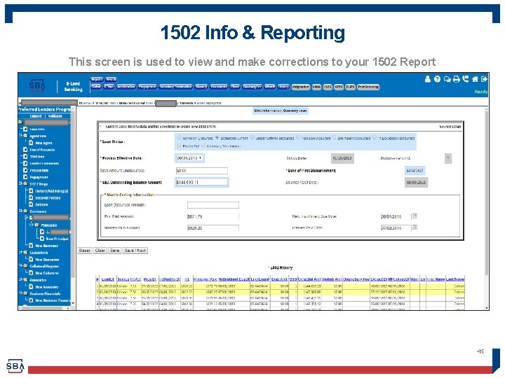 1502 Info & Reporting This screen is used to view and make corrections to