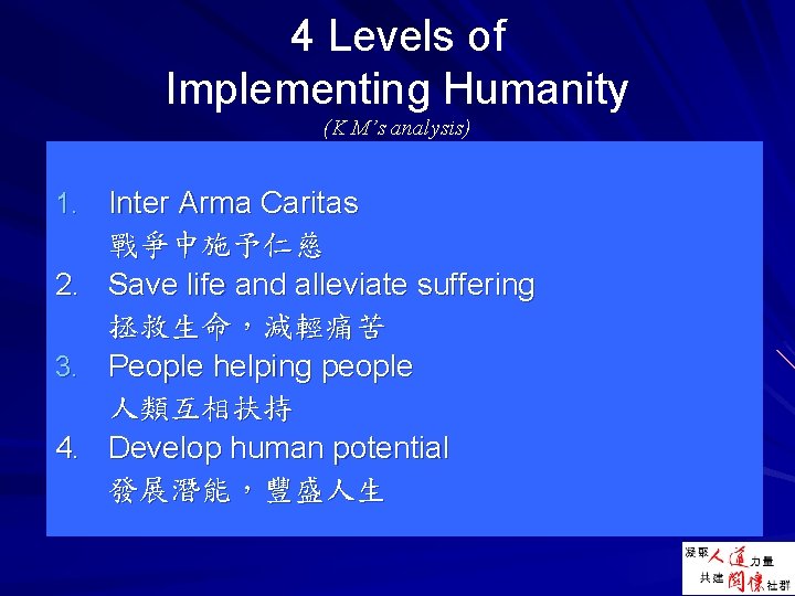 4 Levels of Implementing Humanity (K M’s analysis) 1. Inter Arma Caritas 2. 3.