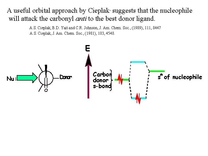 A useful orbital approach by Cieplak, suggests that the nucleophile will attack the carbonyl A useful orbital approach by Cieplak, suggests that the nucleophile will attack the carbonyl
