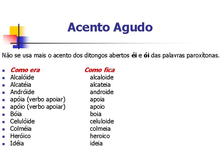 Acento Agudo Não se usa mais o acento dos ditongos abertos éi e ói Acento Agudo Não se usa mais o acento dos ditongos abertos éi e ói