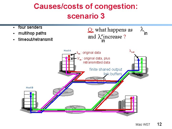 Causes/costs of congestion: scenario 3 § § § four senders multihop paths timeout/retransmit Q: