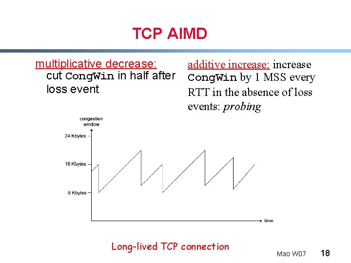 TCP AIMD multiplicative decrease: cut Cong. Win in half after loss event additive increase: