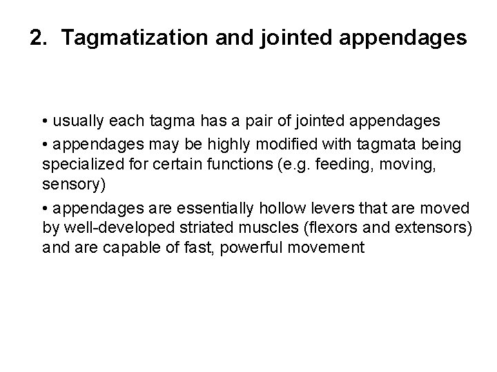 2. Tagmatization and jointed appendages • usually each tagma has a pair of jointed