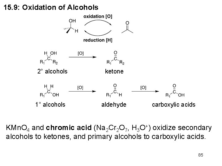 15. 9: Oxidation of Alcohols 2° alcohols 1° alcohols ketone aldehyde carboxylic acids KMn. 15. 9: Oxidation of Alcohols 2° alcohols 1° alcohols ketone aldehyde carboxylic acids KMn.