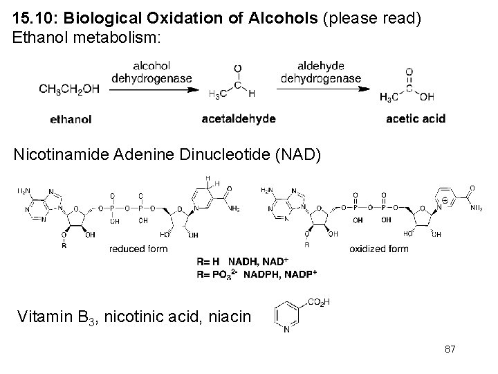 15. 10: Biological Oxidation of Alcohols (please read) Ethanol metabolism: Nicotinamide Adenine Dinucleotide (NAD) 15. 10: Biological Oxidation of Alcohols (please read) Ethanol metabolism: Nicotinamide Adenine Dinucleotide (NAD)
