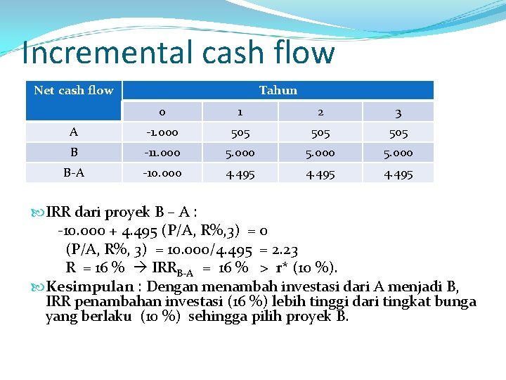 Incremental cash flow Net cash flow Tahun 0 1 2 3 A -1. 000