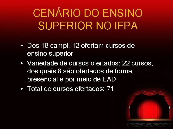 CENÁRIO DO ENSINO SUPERIOR NO IFPA • Dos 18 campi, 12 ofertam cursos de