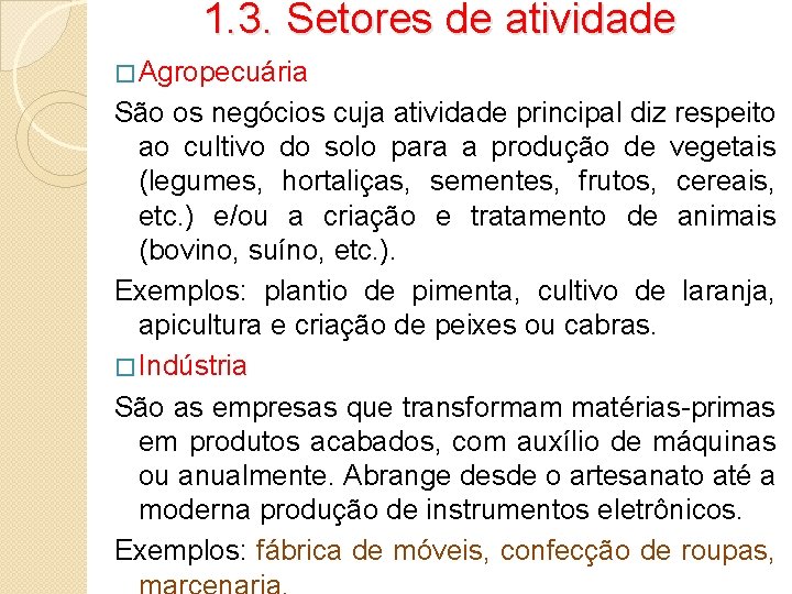 1. 3. Setores de atividade � Agropecuária São os negócios cuja atividade principal diz