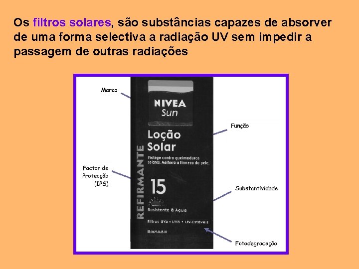 Os filtros solares, são substâncias capazes de absorver de uma forma selectiva a radiação