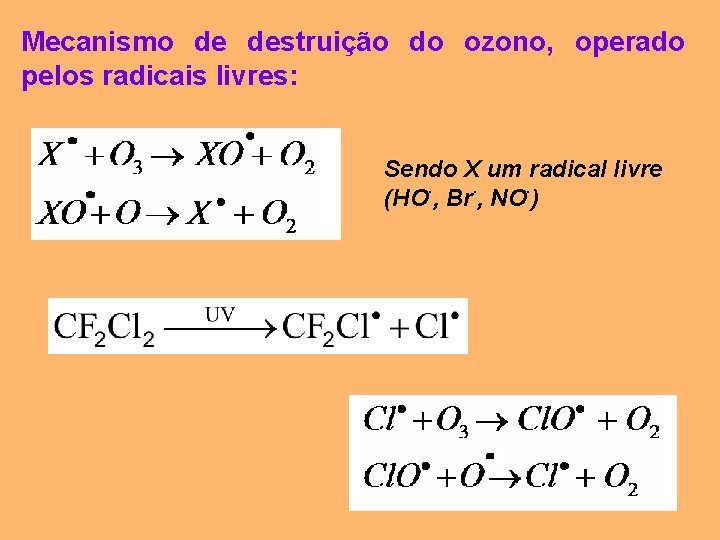 Mecanismo de destruição do ozono, operado pelos radicais livres: Sendo X um radical livre.