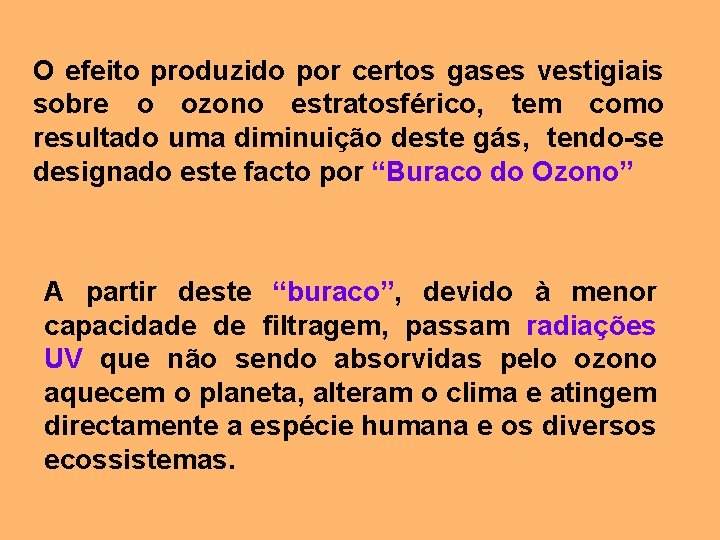 O efeito produzido por certos gases vestigiais sobre o ozono estratosférico, tem como resultado