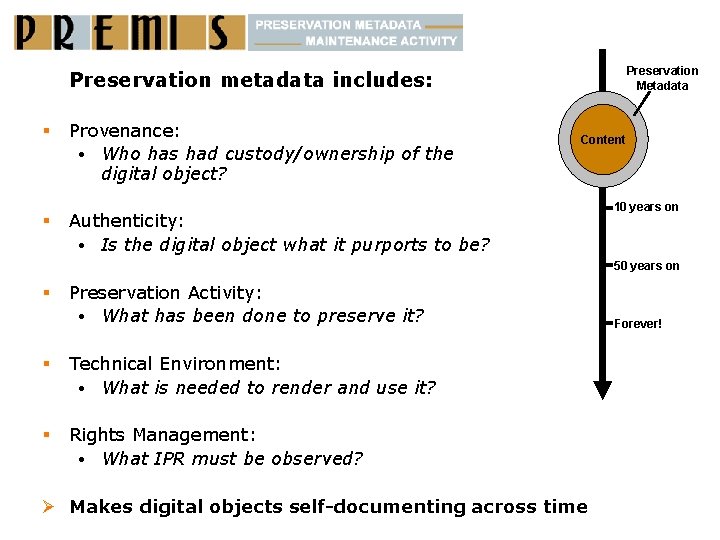 Preservation Metadata Preservation metadata includes: § § Provenance: • Who has had custody/ownership of