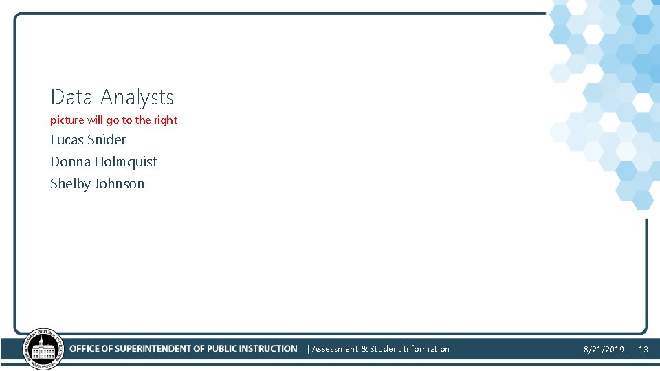 Data Analysts picture will go to the right Lucas Snider Donna Holmquist Shelby Johnson