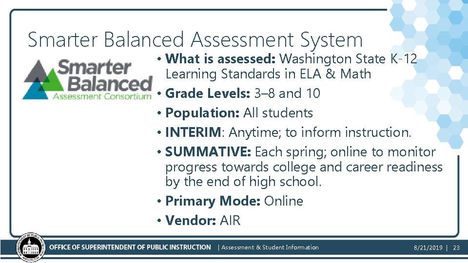 Smarter Balanced Assessment System • What is assessed: Washington State K-12 Learning Standards in