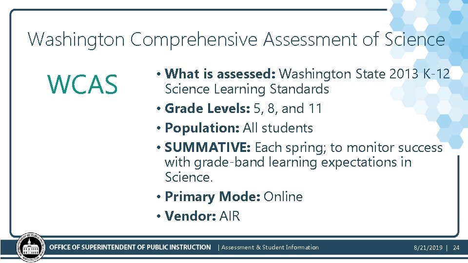 Washington Comprehensive Assessment of Science WCAS • What is assessed: Washington State 2013 K-12