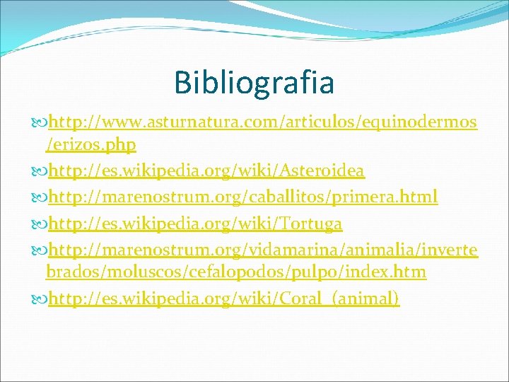 Bibliografia http: //www. asturnatura. com/articulos/equinodermos /erizos. php http: //es. wikipedia. org/wiki/Asteroidea http: //marenostrum. org/caballitos/primera.