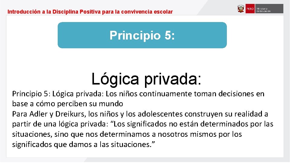 Introducción a la Disciplina Positiva para la convivencia escolar Principio 5: Lógica privada: Principio