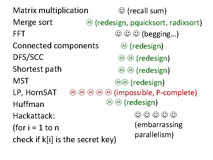 Matrix multiplication (recall sum) Merge sort (redesign, pquicksort, radixsort) (begging…) FFT Connected components (redesign)