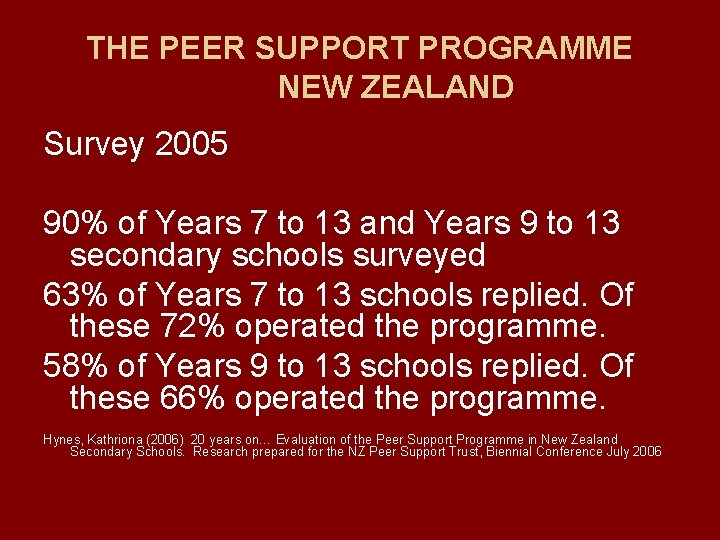 THE PEER SUPPORT PROGRAMME NEW ZEALAND Survey 2005 90% of Years 7 to 13