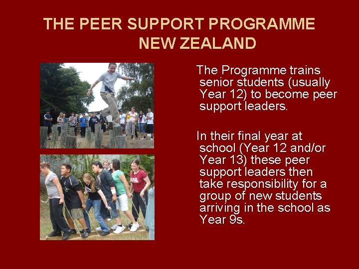 THE PEER SUPPORT PROGRAMME NEW ZEALAND The Programme trains senior students (usually Year 12)