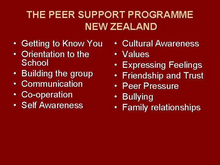 THE PEER SUPPORT PROGRAMME NEW ZEALAND • Getting to Know You • Orientation to