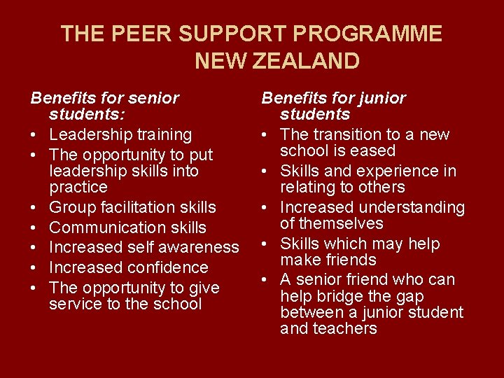 THE PEER SUPPORT PROGRAMME NEW ZEALAND Benefits for senior students: • Leadership training •