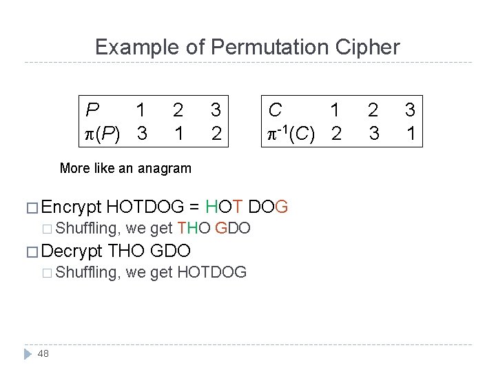 Example of Permutation Cipher P 1 (P) 3 2 1 3 2 C 1