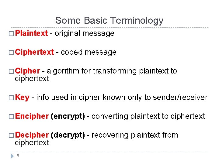 Some Basic Terminology � Plaintext - original message � Ciphertext - coded message �