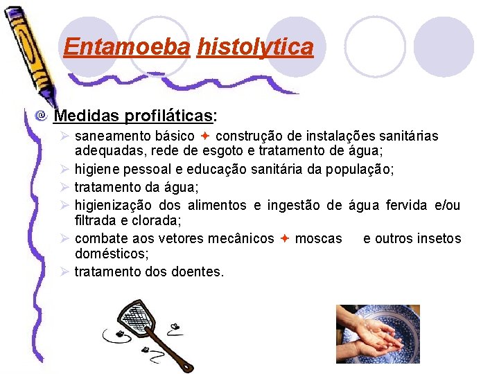 Entamoeba histolytica Medidas profiláticas: Ø saneamento básico construção de instalações sanitárias adequadas, rede de