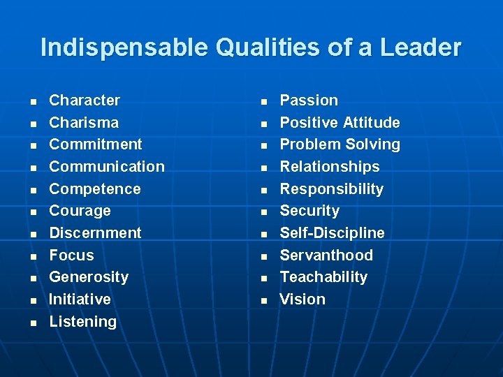 Indispensable Qualities of a Leader n n n Character Charisma Commitment Communication Competence Courage