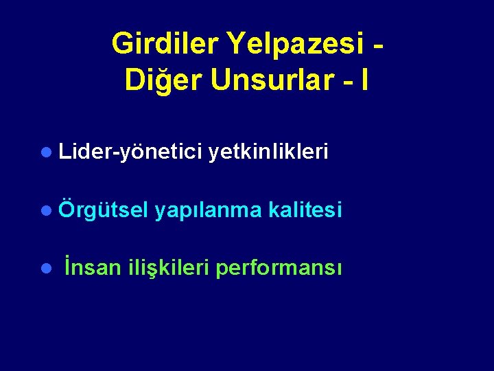 Girdiler Yelpazesi Diğer Unsurlar - I l Lider-yönetici l Örgütsel l yetkinlikleri yapılanma kalitesi