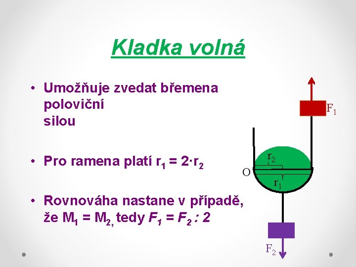 Kladka volná • Umožňuje zvedat břemena poloviční silou • Pro ramena platí r 1