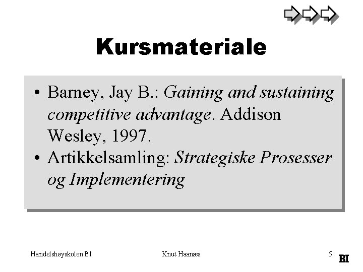 Kursmateriale • Barney, Jay B. : Gaining and sustaining competitive advantage. Addison Wesley, 1997.