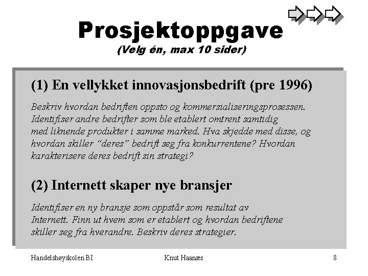 Prosjektoppgave (Velg én, max 10 sider) (1) En vellykket innovasjonsbedrift (pre 1996) Beskriv hvordan