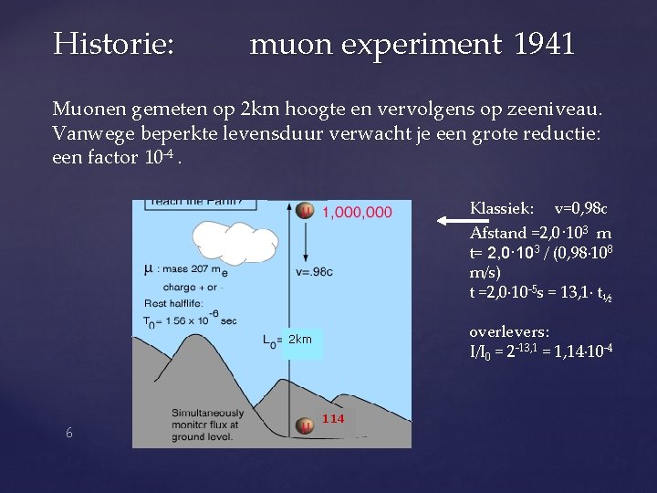 Historie: muon experiment 1941 Muonen gemeten op 2 km hoogte en vervolgens op zeeniveau. Historie: muon experiment 1941 Muonen gemeten op 2 km hoogte en vervolgens op zeeniveau.