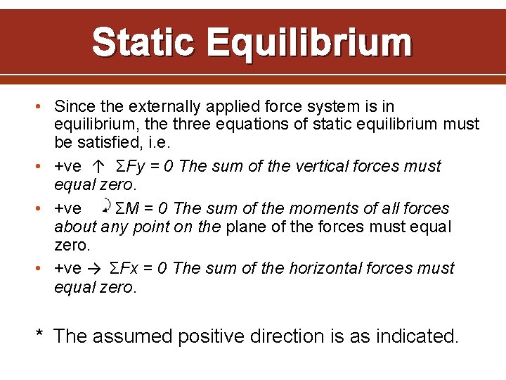 Static Equilibrium • Since the externally applied force system is in equilibrium, the three