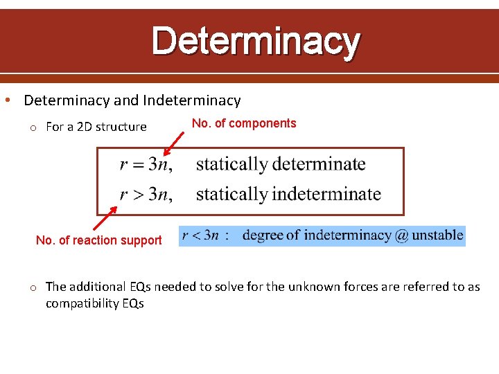 Determinacy • Determinacy and Indeterminacy o For a 2 D structure No. of components