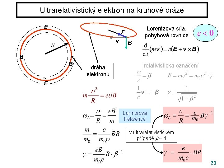 Ultrarelativistický elektron na kruhové dráze E ~ Lorentzova síla, pohybová rovnice F v R