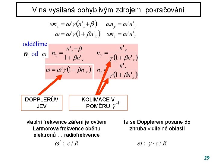 Vlna vysílaná pohyblivým zdrojem, pokračování DOPPLERŮV JEV KOLIMACE V POMĚRU vlastní frekvence záření je