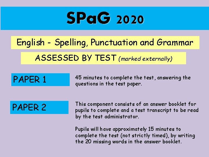 SPa. G 2020 English - Spelling, Punctuation and Grammar ASSESSED BY TEST (marked externally)