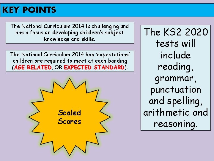 KEY POINTS The National Curriculum 2014 is challenging and has a focus on developing