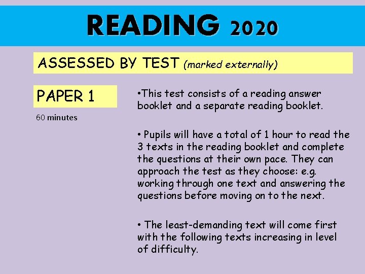 READING 2020 ASSESSED BY TEST PAPER 1 60 minutes (marked externally) • This test