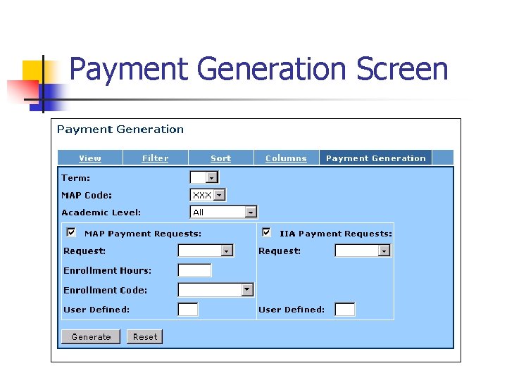 Payment Generation Screen 