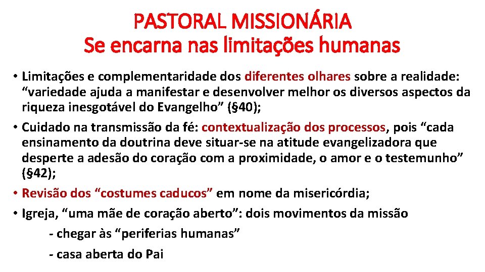 PASTORAL MISSIONÁRIA Se encarna nas limitações humanas • Limitações e complementaridade dos diferentes olhares