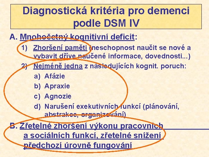 Diagnostická kritéria pro demenci podle DSM IV A. Mnohočetný kognitivní deficit: 1) Zhoršení paměti