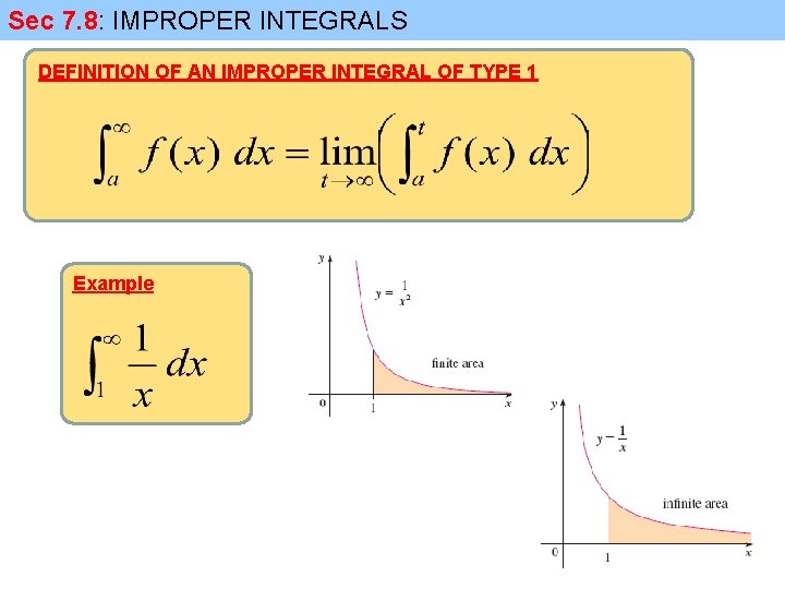 Sec 7. 8: IMPROPER INTEGRALS DEFINITION OF AN IMPROPER INTEGRAL OF TYPE 1 Example