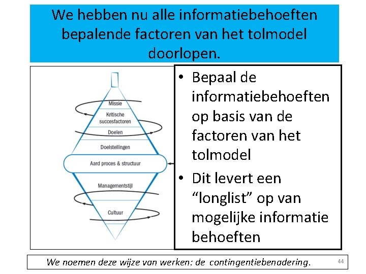 We hebben nu alle informatiebehoeften bepalende factoren van het tolmodel doorlopen. • Bepaal de