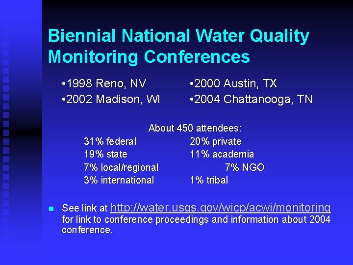 Biennial National Water Quality Monitoring Conferences • 1998 Reno, NV • 2002 Madison, WI