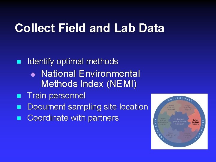 Collect Field and Lab Data n Identify optimal methods u n n n National